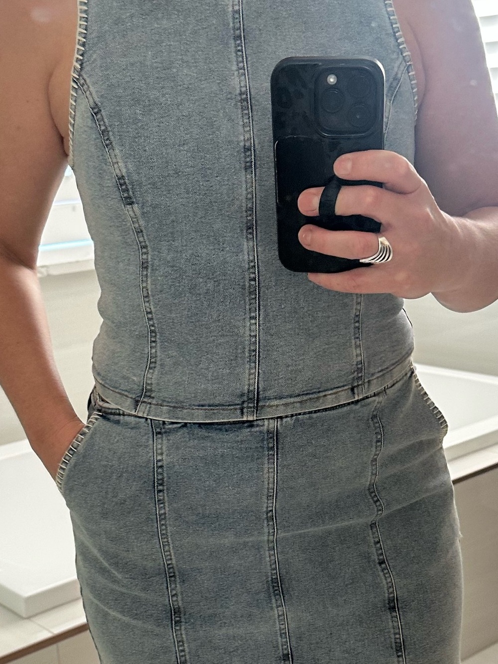 Le Lis Light Blue Denim Fitted Tank and Skirt Set Stretchy